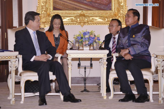 Thai Prime Minister Prayuth Chan-ocha (R, front) meets with Chinese State Councilor Yang Jing (L, front) at the Government House in Bangkok, Thailand, May 7, 2015. (Xinhua/Rachen sageamsak) Thai Prime Minister Prayuth Chan-ocha (R, front) meets with Chinese State Councilor Yang Jing (L, front) at the Government House in Bangkok, Thailand, May 7, 2015. (Xinhua/Rachen sageamsak)
