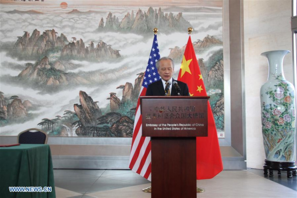 Cui Tiankai, Chinese Ambassador to the U.S., speaks during a repatriation ceremony in Washington D.C., the United States, Dec. 10, 2015. The United States returned 22 Chinese artifacts and a dinosaur fossil to China on Thursday, highlighting the two world powers' cooperation to counter illicit trafficking of archeological objects. (Photo: Xinhua/Guan Jianwu) Cui Tiankai, Chinese Ambassador to the U.S., speaks during a repatriation ceremony in Washington D.C., the United States, Dec. 10, 2015. The United States returned 22 Chinese artifacts and a dinosaur fossil to China on Thursday, highlighting the two world powers' cooperation to counter illicit trafficking of archeological objects. (Photo: Xinhua/Guan Jianwu)