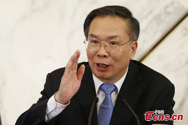 Wang Guoqing, spokesman of China's national political advisory body, speaks at a press conference of the Chinese People's Political Consultative Conference in Beijing, March 2, 2016. (Photo: China News Service/Sheng Jiapeng)