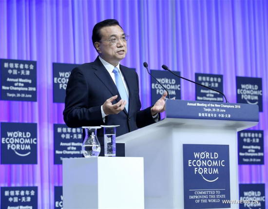 Chinese Premier Li Keqiang addresses the opening ceremony of the Annual Meeting of the New Champions 2016, or Summer Davos Forum, in Tianjin, north China, June 27, 2016. (Xinhua/Pang Xinglei) Chinese Premier Li Keqiang addresses the opening ceremony of the Annual Meeting of the New Champions 2016, or Summer Davos Forum, in Tianjin, north China, June 27, 2016. (Xinhua/Pang Xinglei)