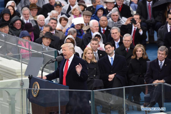 U.S. President Donald Trump delivers his inaugural address after he was sworn in as the 45th president of the United States during the presidential inauguration ceremony at the U.S. Capitol in Washington D.C., the United States, on Jan. 20, 2017. (Xinhua/Yin Bogu) U.S. President Donald Trump delivers his inaugural address after he was sworn in as the 45th president of the United States during the presidential inauguration ceremony at the U.S. Capitol in Washington D.C., the United States, on Jan. 20, 2017. (Xinhua/Yin Bogu)