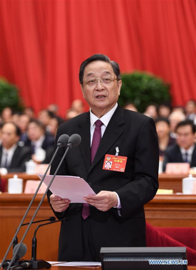 Yu Zhengsheng, chairman of the National Committee of the Chinese People's Political Consultative Conference (CPPCC), presides over the closing meeting of the fifth session of the 12th National Committee of the CPPCC at the Great Hall of the People in Beijing, capital of China, March 13, 2017. (Xinhua/Li Xueren)