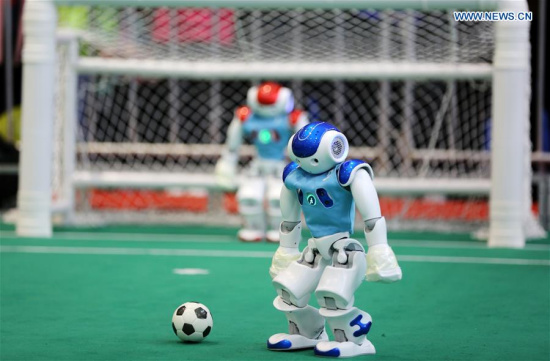 Robots take part in a soccer match during the 2017 RoboCup in Rizhao, east China's Shandong Province, April 2, 2017. The 2017 RoboCup attracted 418 teams around China. (Xinhua/Zhang Lei) Robots take part in a soccer match during the 2017 RoboCup in Rizhao, east China's Shandong Province, April 2, 2017. The 2017 RoboCup attracted 418 teams around China. (Xinhua/Zhang Lei)