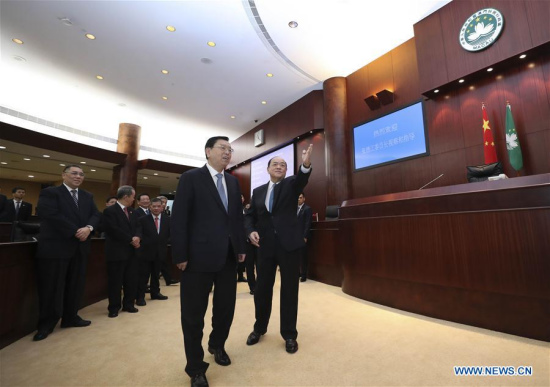 Zhang Dejiang (L, front), chairman of the Standing Committee of China's National People's Congress (NPC), visits the Legislative Assembly in Macao Special Administrative Region, south China, May 9, 2017. (Xinhua/Pang Xinglei) Zhang Dejiang (L, front), chairman of the Standing Committee of China's National People's Congress (NPC), visits the Legislative Assembly in Macao Special Administrative Region, south China, May 9, 2017. (Xinhua/Pang Xinglei)