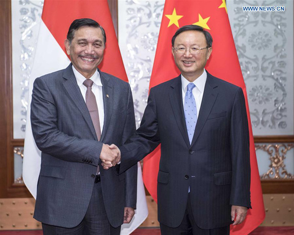 Chinese State Councilor Yang Jiechi (R) meets with Indonesia's Coordinating Minister for Maritime Affairs Luhut Pandjaitan, who is here to attend the Belt and Road Forum (BRF) for International Cooperation, in Beijing, capital of China, May 13, 2017. (Xinhua/Li Tao) Chinese State Councilor Yang Jiechi (R) meets with Indonesia's Coordinating Minister for Maritime Affairs Luhut Pandjaitan, who is here to attend the Belt and Road Forum (BRF) for International Cooperation, in Beijing, capital of China, May 13, 2017. (Xinhua/Li Tao)