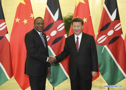 Chinese President Xi Jinping (R) meets with Kenyan President Uhuru Kenyatta, who is here for the Belt and Road Forum (BRF) for International Cooperation, at the Great Hall of the People in Beijing, capital of China, May 15, 2017. (Xinhua/Pang Xinglei) Chinese President Xi Jinping (R) meets with Kenyan President Uhuru Kenyatta, who is here for the Belt and Road Forum (BRF) for International Cooperation, at the Great Hall of the People in Beijing, capital of China, May 15, 2017. (Xinhua/Pang Xinglei)