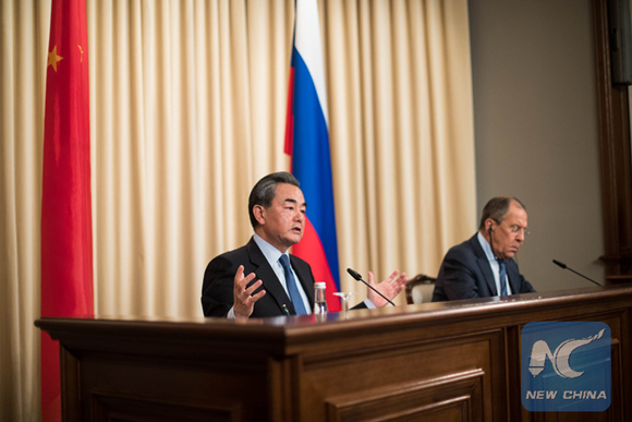 Chinese Foreign Minister Wang Yi (L) speaks at a press conference following a meeting with his Russian counterpart Sergei Lavrov in Moscow, Russia, on May 26. (Xinhua/Wu Zhuang) Chinese Foreign Minister Wang Yi (L) speaks at a press conference following a meeting with his Russian counterpart Sergei Lavrov in Moscow, Russia, on May 26. (Xinhua/Wu Zhuang)