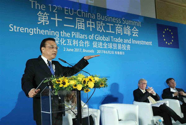 Chinese Premier Li Keqiang delivers a speech at the 12th EU-China Business Summit in Brussels, Belgium, June 2, 2017. Li and European Commission President Jean-Claude Juncker attended the business summit here on Friday. (Xinhua/Liu Weibing) Chinese Premier Li Keqiang delivers a speech at the 12th EU-China Business Summit in Brussels, Belgium, June 2, 2017. Li and European Commission President Jean-Claude Juncker attended the business summit here on Friday. (Xinhua/Liu Weibing)