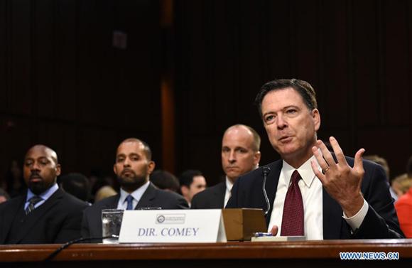 Former Director of Federal Bureau of Investigations James Comey speaks during a Senate Intelligence Committee hearing on Capitol Hill, in Washington D.C., theUnited States, on June 8, 2017. (Xinhua/Yin Bogu) Former Director of Federal Bureau of Investigations James Comey speaks during a Senate Intelligence Committee hearing on Capitol Hill, in Washington D.C., theUnited States, on June 8, 2017. (Xinhua/Yin Bogu)