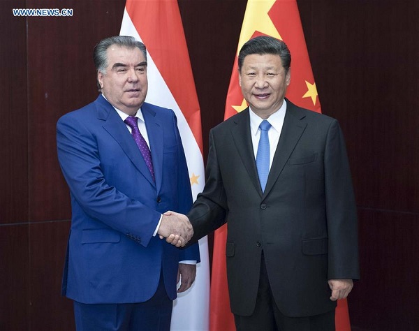Chinese President Xi Jinping (R) meets with Tajik President Emomali Rahmon in Astana, Kazakhstan, June 9, 2017. (Xinhua/Li Tao) Chinese President Xi Jinping (R) meets with Tajik President Emomali Rahmon in Astana, Kazakhstan, June 9, 2017. (Xinhua/Li Tao)