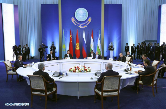 Chinese President Xi Jinping attends a small-range meeting during the 17th meeting of Council of Heads of State of the Shanghai Cooperation Organization (SCO) in Astana, Kazakhstan, June 9, 2017. (Xinhua/Pang Xinglei) Chinese President Xi Jinping attends a small-range meeting during the 17th meeting of Council of Heads of State of the Shanghai Cooperation Organization (SCO) in Astana, Kazakhstan, June 9, 2017. (Xinhua/Pang Xinglei)