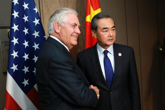 Chinese Foreign Minister Wang Yi (R) meets with U.S. Secretary of State Rex Tillerson on the sidelines of a series of ASEAN foreign ministers' meetings in Manila, the Philippines, Aug. 6, 2017. (Xinhua/Rouelle Umali) Chinese Foreign Minister Wang Yi (R) meets with U.S. Secretary of State Rex Tillerson on the sidelines of a series of ASEAN foreign ministers' meetings in Manila, the Philippines, Aug. 6, 2017. (Xinhua/Rouelle Umali)