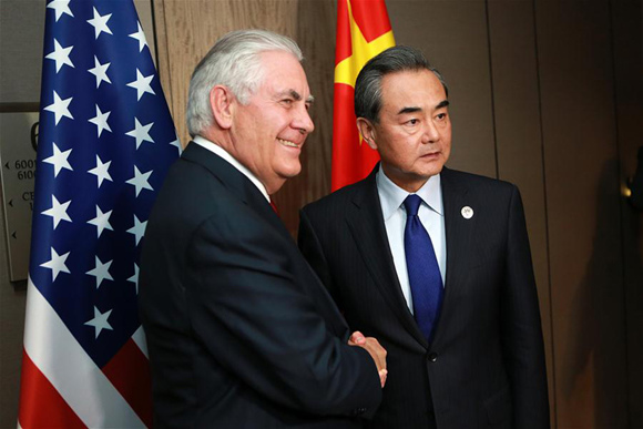 Chinese Foreign Minister Wang Yi (R) meets with U.S. Secretary of State Rex Tillerson on the sidelines of a series of ASEAN foreign ministers' meetings in Manila, the Philippines, Aug. 6, 2017. (Xinhua/Rouelle Umali) Chinese Foreign Minister Wang Yi (R) meets with U.S. Secretary of State Rex Tillerson on the sidelines of a series of ASEAN foreign ministers' meetings in Manila, the Philippines, Aug. 6, 2017. (Xinhua/Rouelle Umali)