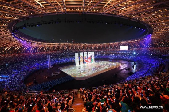 Photo taken on Aug. 27, 2017 shows the performance during the opening ceremony of the 13th Chinese National Games in north China's Tianjin Municipality. (Xinhua/Zhao Ge)