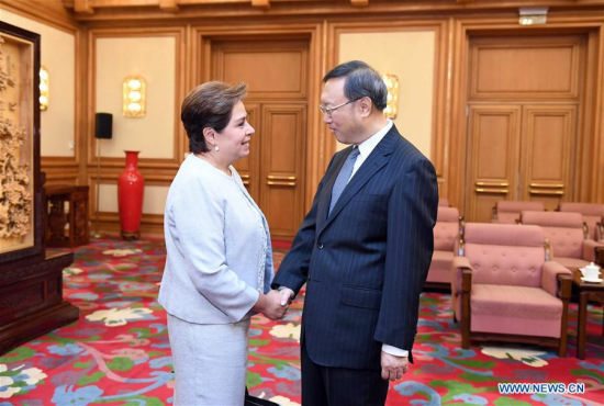 Chinese State Councilor Yang Jiechi (R) meets with Patricia Espinosa, United Nations Framework Convention on Climate Change (UNFCCC) Executive Secretary, in Beijing, capital of China, Aug. 28, 2017. (Xinhua/Zhang Duo) Chinese State Councilor Yang Jiechi (R) meets with Patricia Espinosa, United Nations Framework Convention on Climate Change (UNFCCC) Executive Secretary, in Beijing, capital of China, Aug. 28, 2017. (Xinhua/Zhang Duo)