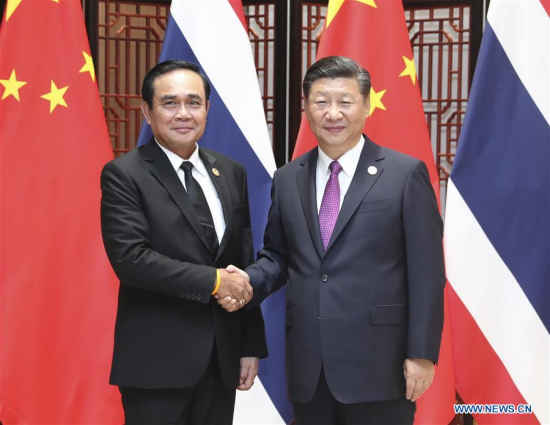Chinese President Xi Jinping meets with Thai Prime Minister Prayut Chan-o-cha in Xiamen, southeast China's Fujian Province, Sept. 4, 2017. Prayut is in Xiamen to attend the Dialogue of Emerging Market and Developing Countries scheduled for Sept. 5. (Xinhua/Ma Zhancheng) Chinese President Xi Jinping meets with Thai Prime Minister Prayut Chan-o-cha in Xiamen, southeast China's Fujian Province, Sept. 4, 2017. Prayut is in Xiamen to attend the Dialogue of Emerging Market and Developing Countries scheduled for Sept. 5. (Xinhua/Ma Zhancheng)