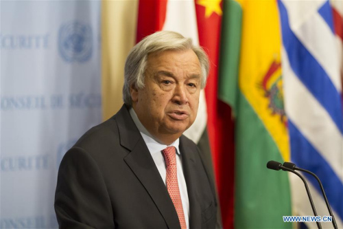 UN Secretary-General Antonio Guterres speaks to journalists during a press encounter at the UN headquarters in New York, on Sept. 5, 2017. (Xinhua/Li Muzi) UN Secretary-General Antonio Guterres speaks to journalists during a press encounter at the UN headquarters in New York, on Sept. 5, 2017. (Xinhua/Li Muzi)