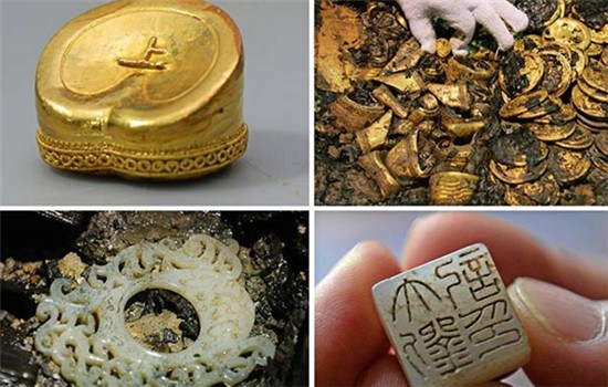 A hoof-shaped ingot, gold cakes, a jade seal and a jade pendant are unearthed from the Haihunhou tomb. (Photo/Xinhua) A hoof-shaped ingot, gold cakes, a jade seal and a jade pendant are unearthed from the Haihunhou tomb. (Photo/Xinhua)