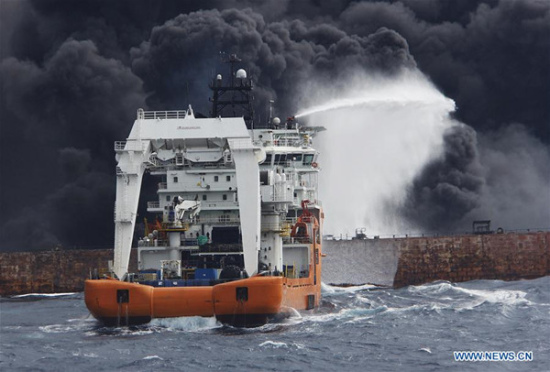 Rescuers spray foam to extinguish flames on the stricken oil tanker SANCHI off the coast of east China's Shanghai, Jan. 12, 2018. (Xinhua) Rescuers spray foam to extinguish flames on the stricken oil tanker SANCHI off the coast of east China's Shanghai, Jan. 12, 2018. (Xinhua)