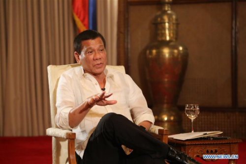 Philippine President Rodrigo Duterte receives a joint interview with Chinese media in Manila, capital of Philippines, May 9, 2017. (Xinhua/Wang Yu) Philippine President Rodrigo Duterte receives a joint interview with Chinese media in Manila, capital of Philippines, May 9, 2017. (Xinhua/Wang Yu)