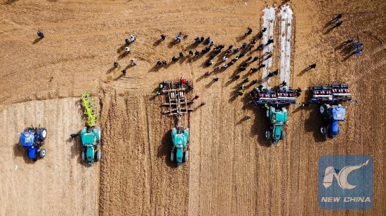 Aerial photo shows self-driving tractors in a cotton field. (Xinhua/Hu Huhu) Aerial photo shows self-driving tractors in a cotton field. (Xinhua/Hu Huhu)