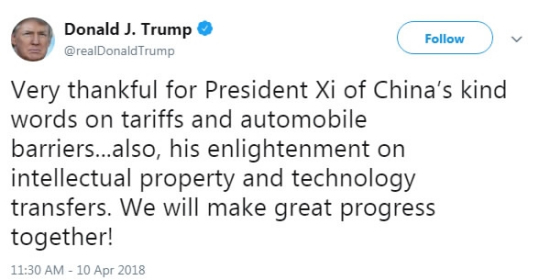 Screenshot of U.S. President Donald Trump's tweet. Screenshot of U.S. President Donald Trump's tweet.
