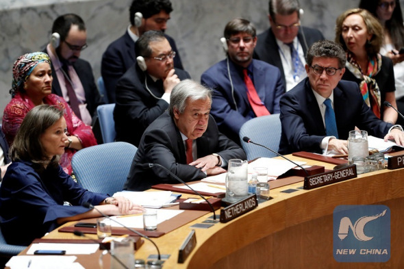 United Nations Secretary-General Antonio Guterres (C, front) addresses a Security Council emergency meeting on Syria at the UN headquarters in New York, April 14, 2018. Russia has requested an emergency meeting of the Security Council for Saturday to discuss the situation after airstrikes in Syria by the United States, France and Britain. (Xinhua/Li Muzi) United Nations Secretary-General Antonio Guterres (C, front) addresses a Security Council emergency meeting on Syria at the UN headquarters in New York, April 14, 2018. Russia has requested an emergency meeting of the Security Council for Saturday to discuss the situation after airstrikes in Syria by the United States, France and Britain. (Xinhua/Li Muzi)