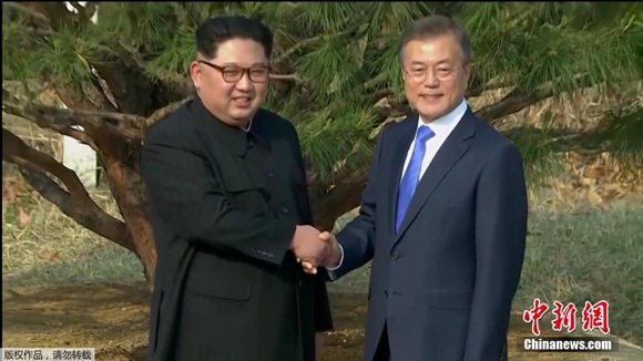 South Korean President Moon Jae-in (R)and Kim Jong Un, top leader of the Democratic People's Republic of Korea (DPRK), shake hands after planting a pine tree beside a path near the military demarcation line, April 27, 2018. (Photo/TV screenshot)