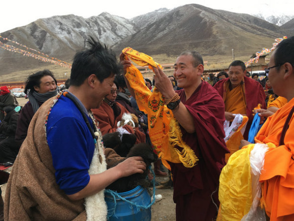 A Buddhist monk salutes a local herder who just adopted a dog. (Photo provided to China Daily) A Buddhist monk salutes a local herder who just adopted a dog. (Photo provided to China Daily)