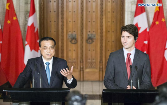 Chinese Premier Li Keqiang (L) meets journalists together with his Canadian counterpart Justin Trudeau (R) in Ottawa, Canada, Sept. 22, 2016. (Photo: Xinhua/Huang Jingwen) Chinese Premier Li Keqiang (L) meets journalists together with his Canadian counterpart Justin Trudeau (R) in Ottawa, Canada, Sept. 22, 2016. (Photo: Xinhua/Huang Jingwen)