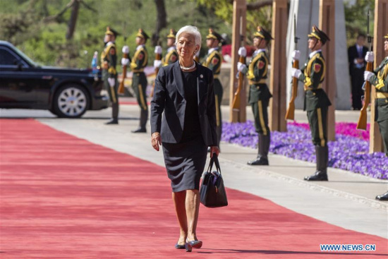 Christine Lagarde, managing director of the International Monetary Fund (IMF), arrives for the Leaders' Roundtable Summit at the Belt and Road Forum (BRF) for International Cooperation at Yanqi Lake International Convention Center in Beijing, capital of China, May 15, 2017. (Xinhua/Cui Xinyu) Christine Lagarde, managing director of the International Monetary Fund (IMF), arrives for the Leaders' Roundtable Summit at the Belt and Road Forum (BRF) for International Cooperation at Yanqi Lake International Convention Center in Beijing, capital of China, May 15, 2017. (Xinhua/Cui Xinyu)