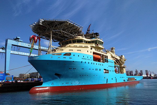 The Maersk Installer, a subsea support vessel, is delivered to Maersk Supply Service at a shipyard in Dalian, Liaoning province. (Photo/China Daily by Zhang Xiaomin) The Maersk Installer, a subsea support vessel, is delivered to Maersk Supply Service at a shipyard in Dalian, Liaoning province. (Photo/China Daily by Zhang Xiaomin)