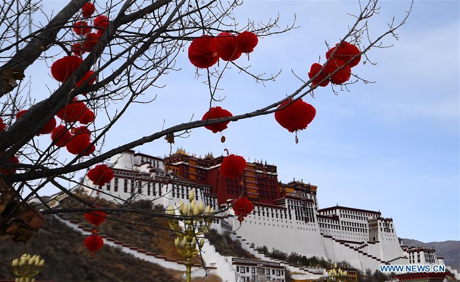 Decorations seen in front of Potala Palace to greet Spring Festival, Tibetan New Year(1/3)