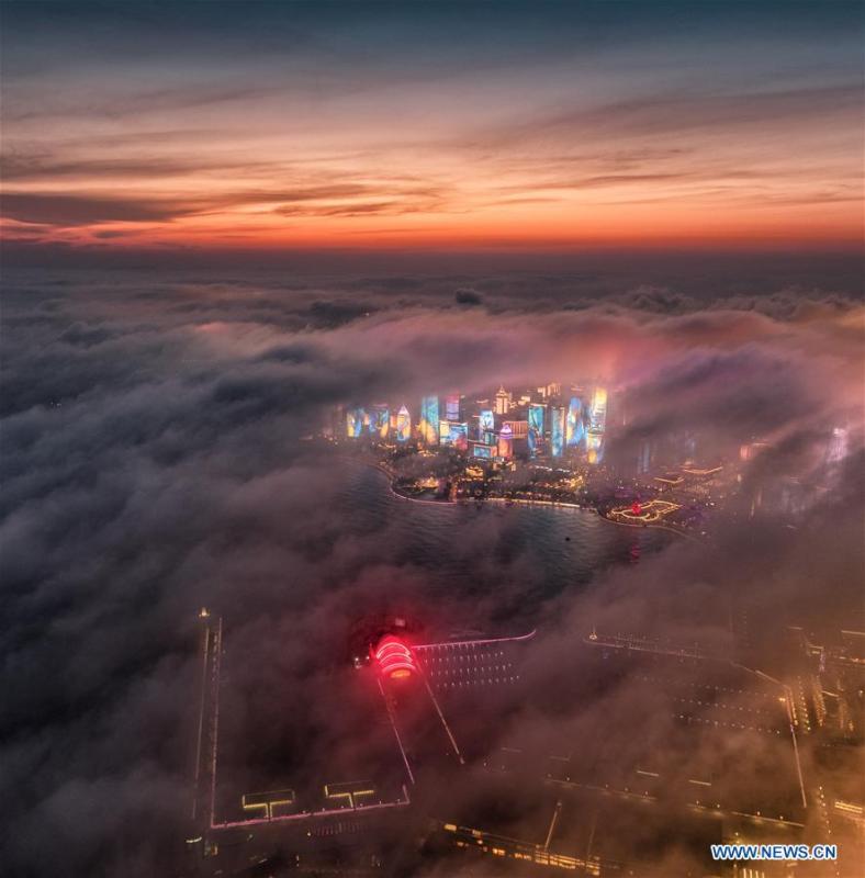 Aerial view of advection fog above Qingdao in east China's Shandong (1/3)