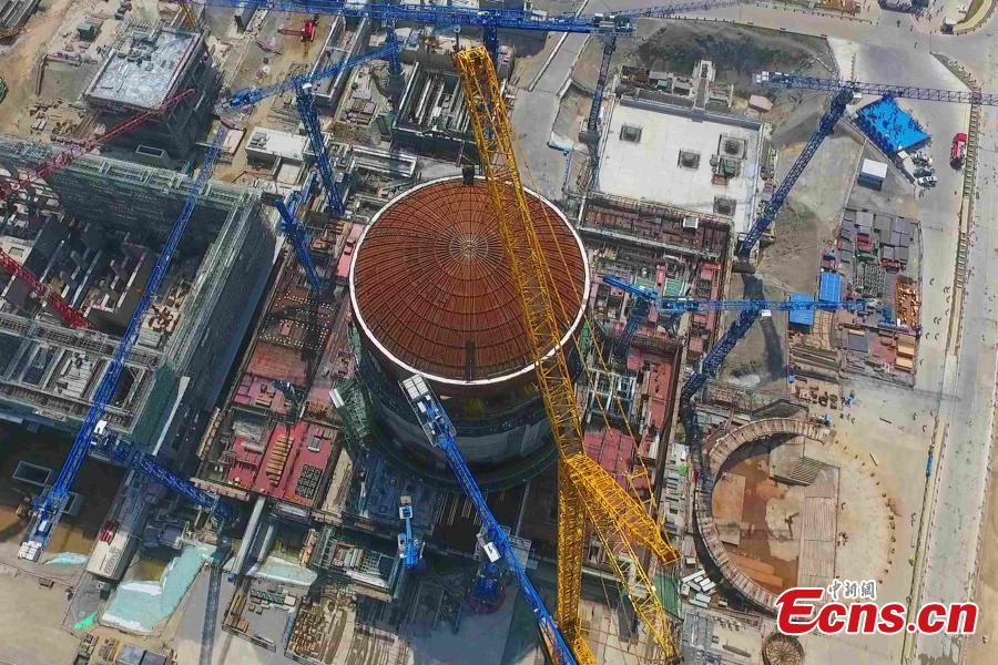 Photo taken on May 23, 2018 shows the installation site of a hemispherical dome at the No. 3 unit of Fangchenggang nuclear power station in south China\'s Guangxi Zhuang Autonomous Region. The dome has been installed on a reactor at China\'s nuclear power project in Fangchenggang using Hualong One technology, a domestically-developed third generation reactor design. (Photo: China News Service/Huang Huifang)