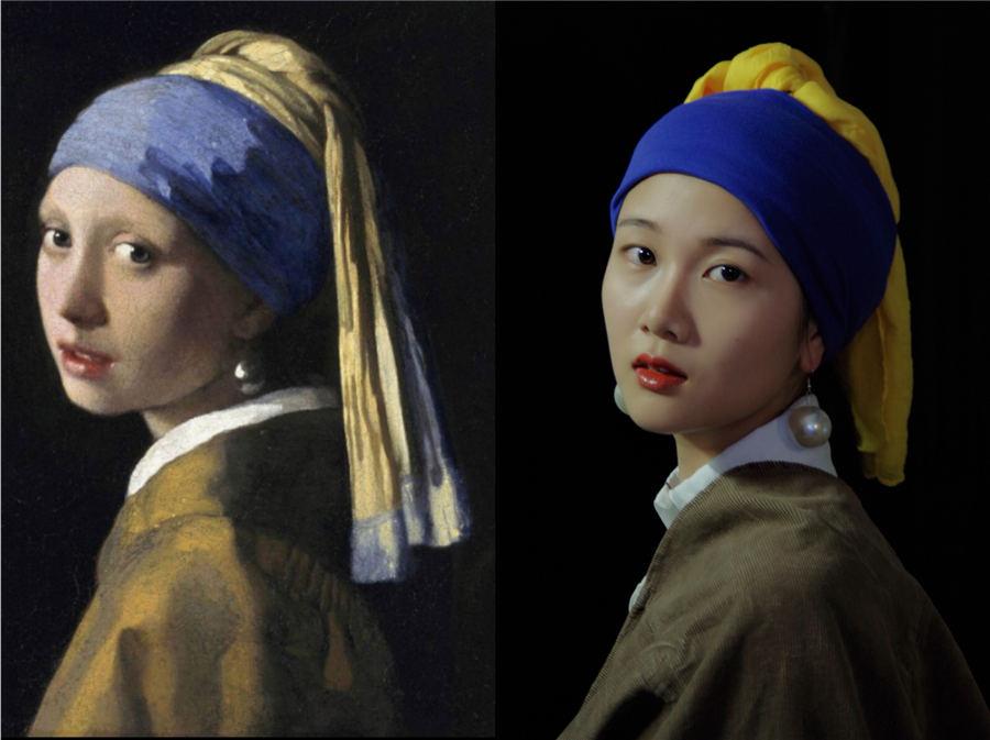 Students from Yunnan University Dianchi College spent two days creating look of a geisha and famous paintings. The artists used no professional lighting or any special effects. (Photo by Zhu Yuhang and Xu Yuya/chinadaily.com.cn)