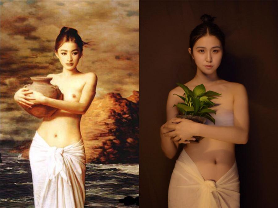 Students from Yunnan University Dianchi College spent two days creating look of a geisha and famous paintings. The artists used no professional lighting or any special effects. (Photo by Zhu Yuhang and Xu Yuya/chinadaily.com.cn)