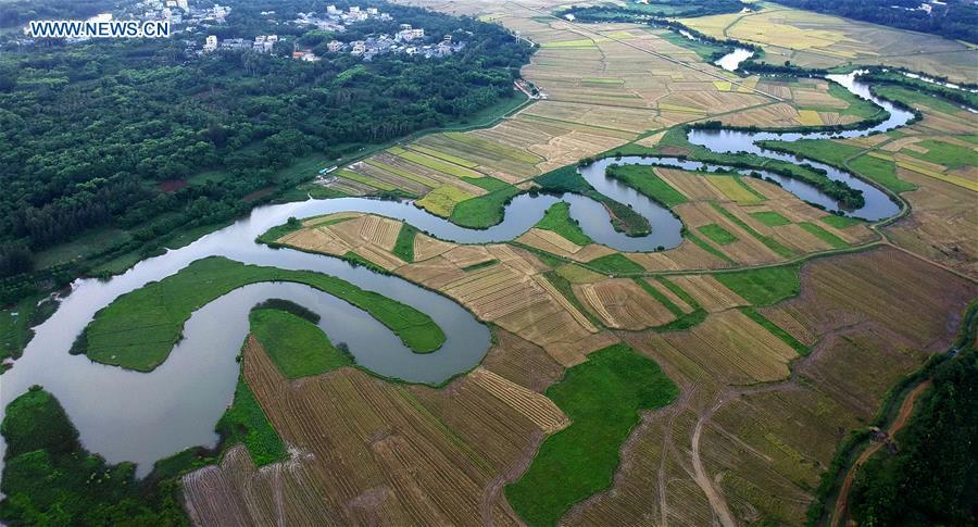 Aerial photo taken on May 30, 2018 shows the Quxi wetland in Haikou City, south China\'s Hainan Province. Efforts made by Haikou City to restore ecosystem have improved the water quality of wetlands, which are expected to play a better role in flood prevention, climate regulation and preservation of the local biodiversity. (Xinhua/Zhao Yingquan)