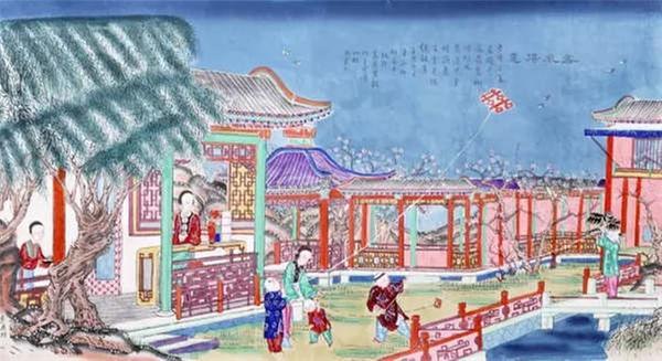 A Yangliuqing New Year painting from the Qing Dynasty depicts children flying kites in the garden. (Photo/Collected by the Capital Museum)
Flying kites
Kites have quite a long history. The earliest kites were made of wood, instead of paper. Nowadays, the three most famous kites are the Beijing kite, Tianjin kite and Weifang kite, which each has distinctive features. The swallow-shaped kite is a well-known Beijing style.
