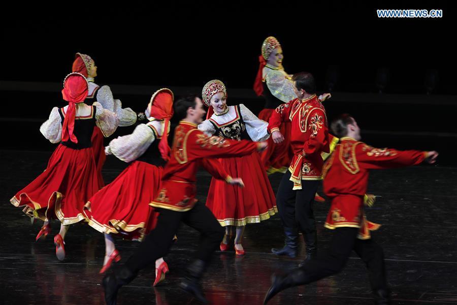 Russian dancers perform during a folk dance show of the Shanghai Cooperation Organization (SCO) art festival held in Beijing, capital of China, June 1, 2018. (Xinhua/Shen Bohan)