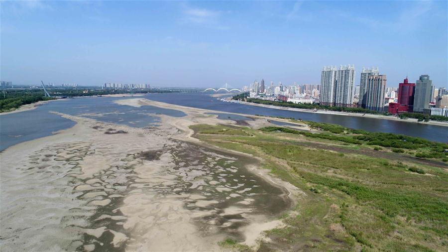 Aerial photo taken on June 2, 2018 shows the dry riverbed of Songhua River in Harbin, northeast China\'s Heilongjiang Province. The water level of Harbin section of Songhua River reduced to 113.55 meters, the lowest for some 11 years, on May 29. (Xinhua/Wang Kai)