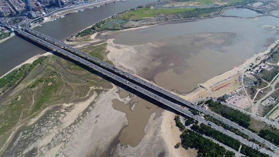 Aerial photo taken on June 2, 2018 shows the exposed riverbed of Songhua River in Harbin, northeast China\'s Heilongjiang Province. The water level of Harbin section of Songhua River reduced to 113.55 meters, the lowest for some 11 years, on May 29. (Xinhua/Wang Kai)
