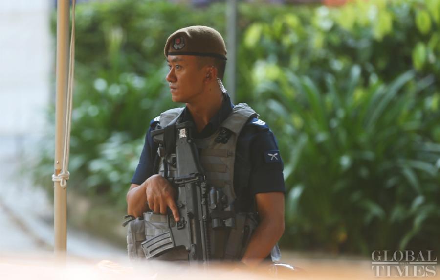 A soldier from the Gurkha unit is on duty to ensure the security for the upcoming Trump-Kim summit in Singapore on Sunday. (Photo: Yang Sheng/GT)