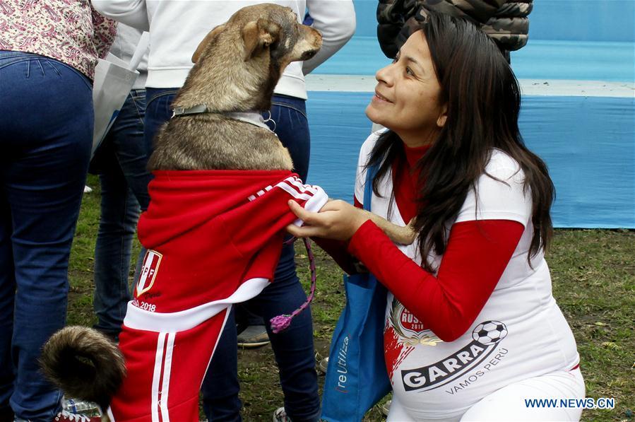 A woman interacts with her dog during a contest with the theme of FIFA World Cup in Lima, Peru, on June 10, 2018. (Xinhua/Luis Camacho)
