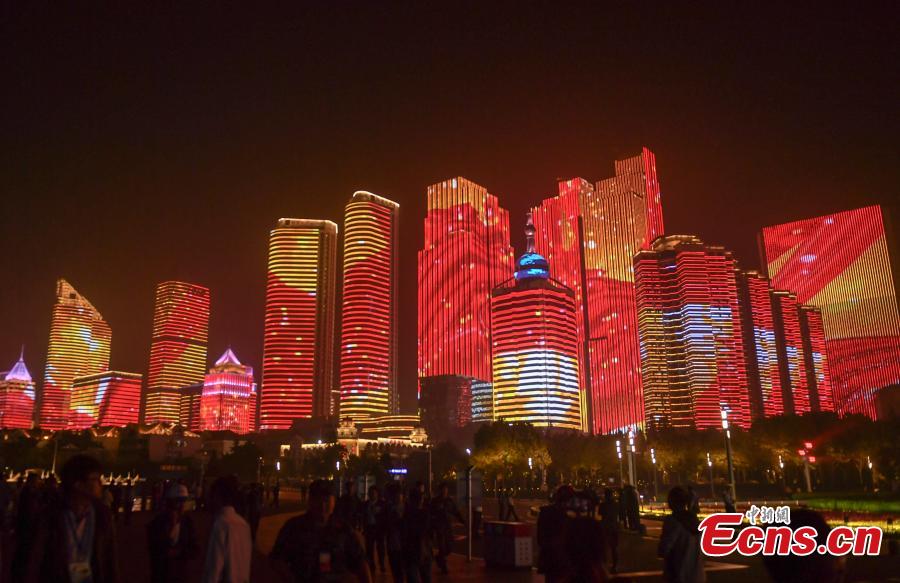 A light show and fireworks display is held to welcome guests attending the 18th Shanghai Cooperation Organization (SCO) Summit in Qingdao, Shandong Province, June 9, 2018. (Photo: China News Service /Zhang Yong)