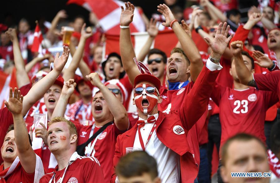 Fans of Denmark cheer for their team before a group C match between Peru and Denmark at the 2018 FIFA World Cup in Saransk, Russia, June 16, 2018. (Xinhua/He Canling)