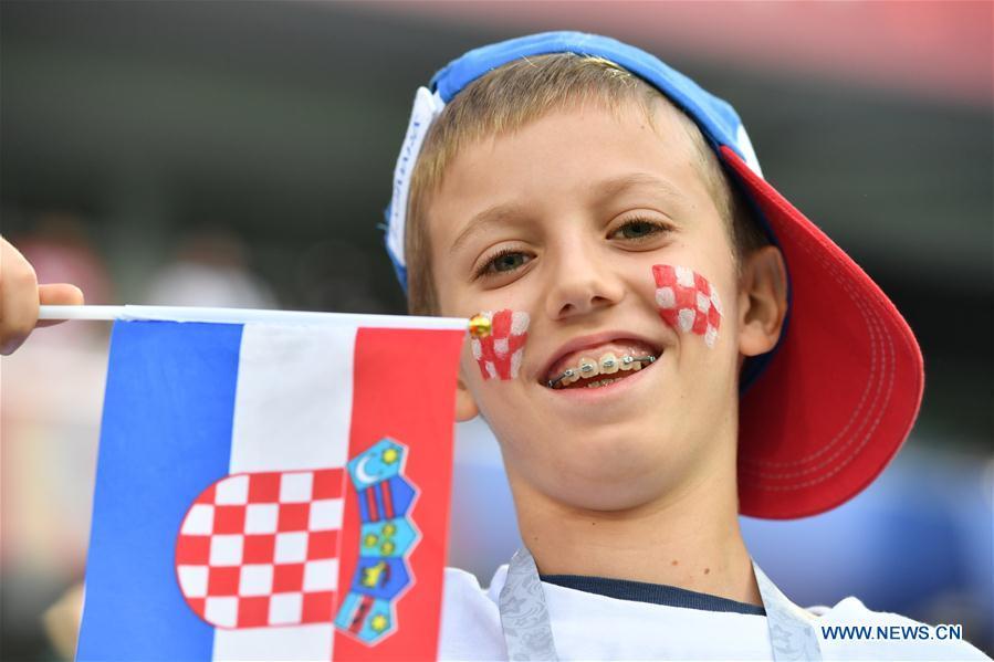 A fan of Croatia is seen prior to a group D match between Croatia and Nigeria at the 2018 FIFA World Cup in Kaliningrad, Russia, June 16, 2018. (Xinhua/Liu Dawei)