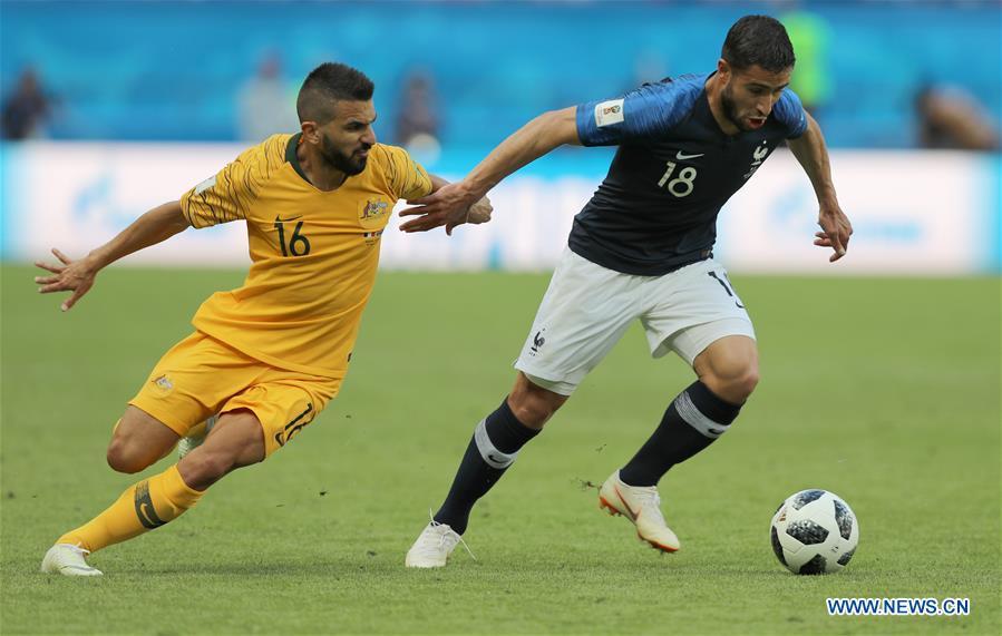 Nabil Fekir (R) of France vies with Aziz Behich of Australia during a group C match between France and Australia at the 2018 FIFA World Cup in Kazan, Russia, June 16, 2018. France won 2-1. (Xinhua/Yang Lei)