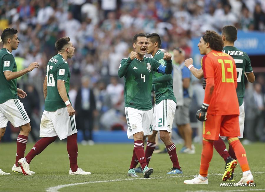 Mexico\'s Rafael Marquez (C) celebrates victory with teammates after a group F match between Germany and Mexico at the 2018 FIFA World Cup in Moscow, Russia, June 17, 2018. Mexico won 1-0. (Xinhua/Cao Can)