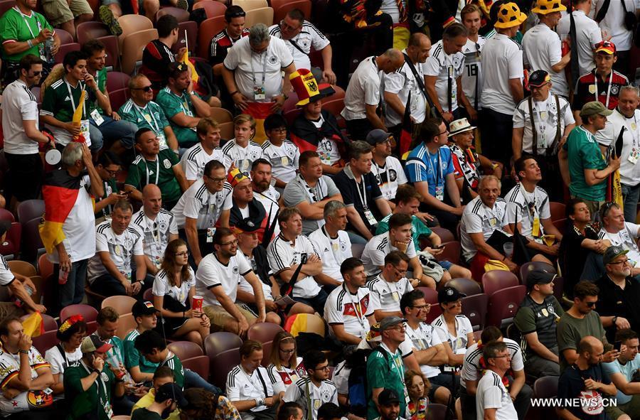 Fans of Germany react after a group F match between Germany and Mexico at the 2018 FIFA World Cup in Moscow, Russia, June 17, 2018. Mexico won 1-0. (Xinhua/Wang Yuguo)